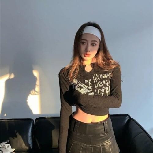 Y2K Vintage Letter Print Long Sleeve Crop Top Women Sexy Slim Knitted T Shirt Korean Style Stylish Grunge Aesthetic Streetwear