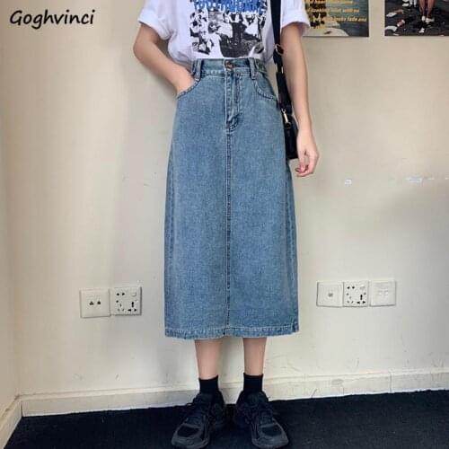 Women Midi Denim Skirts Blue Classic Adjustable Waist Split Loose Vintage Large Size S-5XL Students All-match Fashion Casual Hot