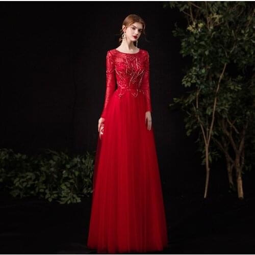 Luxury Long Sleeve Evening Dresses With Heavy Handmade Beads 2021 Elegant O-Neck A-line Floor-length Tulle Women Formal Gowns