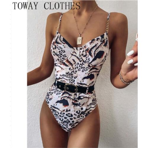 Women Summer V-Neck Spaghetti Strap Chain Strap Leopard Print One Piece Swimsuit