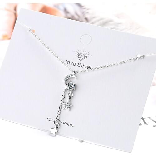 Star Moon Long Tassel Necklace For Women 925 Sterling Silver Cubic Zirconia Simple Designer Dainty Chain Jewelry