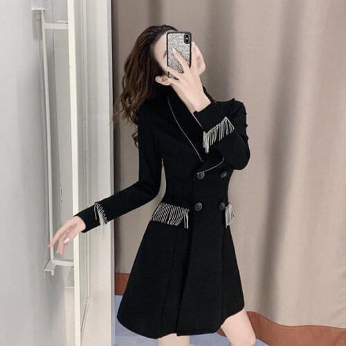 Women 2021 Spring Autumn Elegant Solid Double-Breasted Lapel Dress Female Fashion Long Sleeve Slim Suit Dress lady Vestidos Z306
