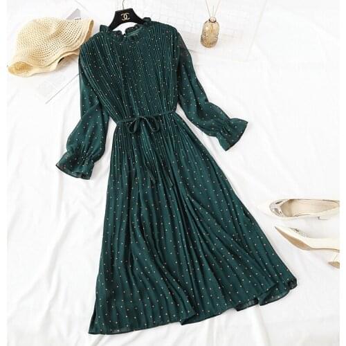 Wave Point Dress 2021 Vintage Women Lace Up Floral Print Chiffon Dresses Female Tie Bow Long Sleeve Midi Party Pleated Vestidos