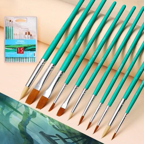 15 Oil Brushes Set Gouache Line Pen Hook Line Pen Lengthened Wooden Pole Beginner Painting Art Supplies