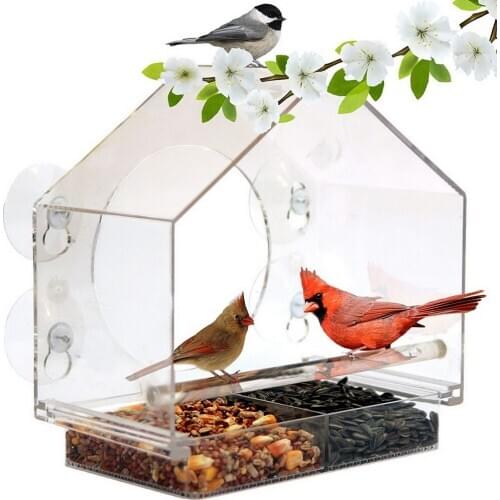 Acrylic Bird Feeder Transparent Acrylic Bird Cage Seed Peanut Hanging Suction Alimentador Adsorption House Type Bird Feeder