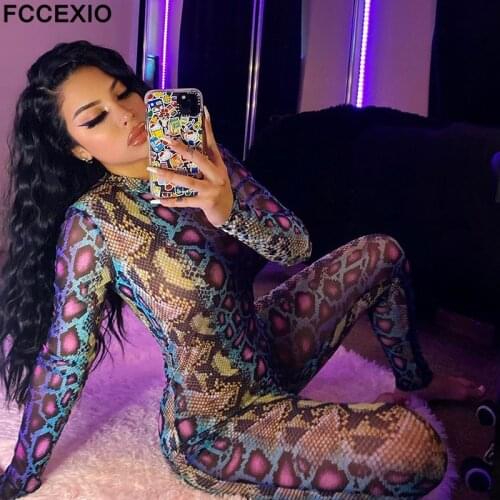 FCCEXIO Sexy Snake Print Jumpsuits Women 2021 Summer Bodycon Fitted Outfits Button Stretchy Coloful Rompers Long Sleeve