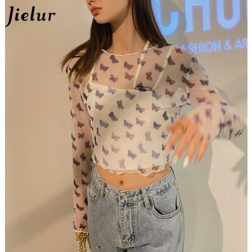 Jielur New Butterfly Print Long Sleeve T-shirt Women White Mesh Sexy Top Summer Suit Tee Shirt Asymmetrical Street 2021 Tshirts