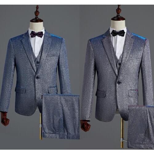 Fashion blazer men groom suit set with pants and vest mens wedding suits singer star style stage clothing formal dress