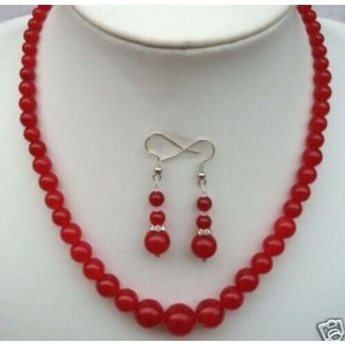 6-14mm Red Natural Stone chalcedony jades Round Beads Necklace Earrings set