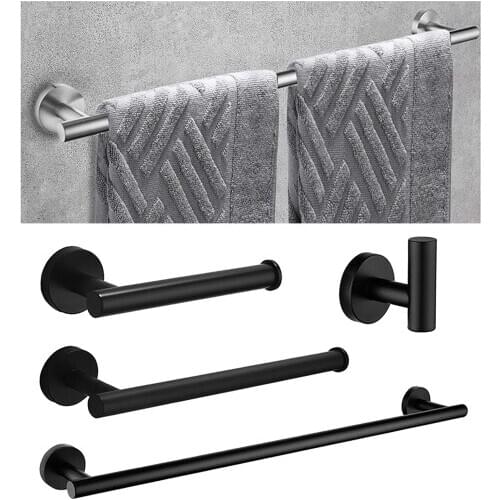 4-Pieces Bathroom Hardware Set - Hand Towel Bar Rack Toilet Paper Holder Robe Hook Set - Stainless Steel Matte Black Wall Mount