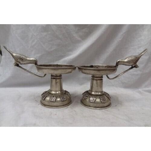 Song voge gem S3051 8" Chinese Silver 8 Auspicious Symbol Tibet Bird Statue Holder Candle Stick Pair