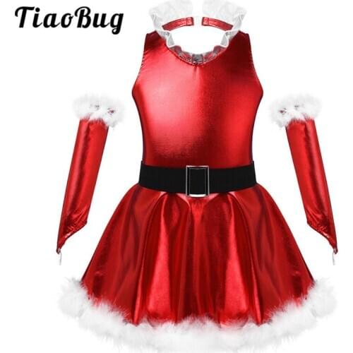 TiaoBug Kids Sleeveless Faux Fur Hem Red Shiny Xmas Dress with Arm Sleeve Cuff Girls Christmas Holiday Stage Performance Costume