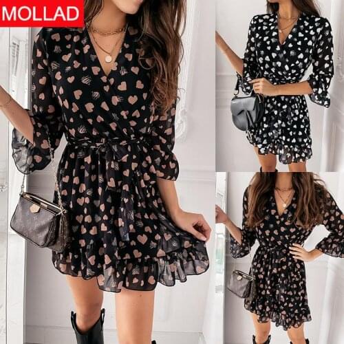 Hot European Station Womens Clothing European and American Spring and Autumn Heart Printing Three-Quarter Sleeve Dress