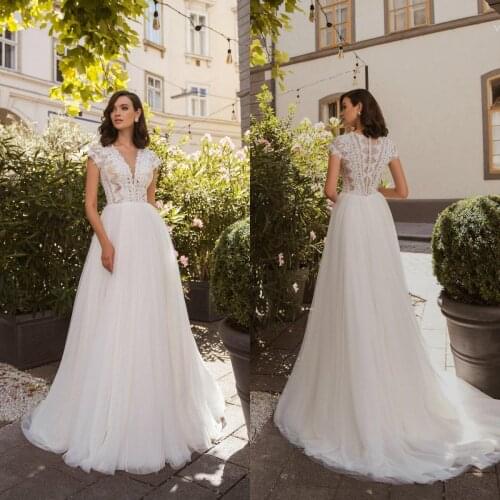 Plus Size Gorgeous A Line Wedding Dresses V Neck Cap Sleeves Lace Appliques Bridal Gowns Button Back Sweep Train Wedding Dress