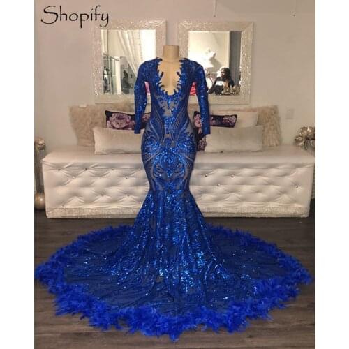 Sexy See Through Long Sleeve Mermaid Prom Dresses 2021 V-neck Royal Blue Sequined African Black Girls Prom Gowns