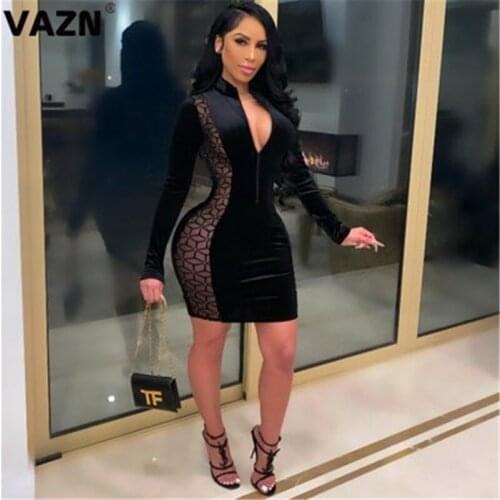 VAZN New 2021 Mesh Fabric See Through Patchwork Chic Ladies Slim Elegant Shinny Bandage Dress Full Sleeve Sheath Dresses