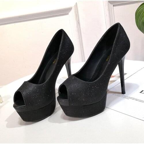 Dress Women Pumps Heels Party Shoes Nightclub Sequined Cloth Slip On 13CM Thin High heel Peep Toe waterproof Bling women shoes