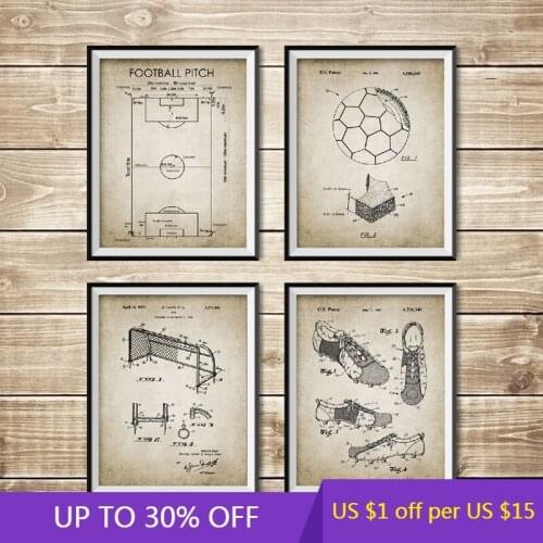 Vintage Canvas Painting Soccer Patent Blueprint Posters Prints Football Pitch Soccer Ball Boot Goal Net Design Home Wall Decor
