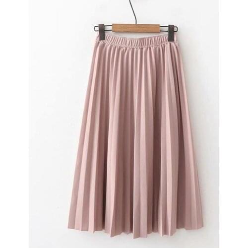 2021 Spring Summer Women High Waist Skirt Solid Color Pleated Skirt Women Causal Midi Skirts