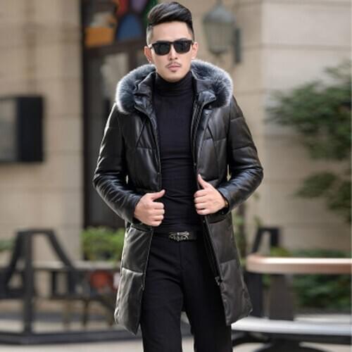 Winter Leather Jacket Men Duck Down Long Coat Male Fox Fur Collar Second Layer of Sheepskin Coat Outwear HN1719 LX2357