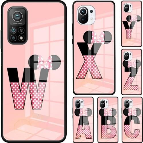 26 Letters Cartoon Mouse Bow Glass Phone Case For Xiaomi Mi 11 Ultra Poco X3 NFC 10T Pro Note 10 Lite 5G 9T M2 F2 11i Cover