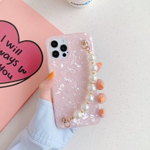 Glitter Shell Pearl Bracelet Phone Case for iPhone 11 12 Pro Max XS Max X XR 7 8 Plus Cute Wristband Soft Tpu Back Cover