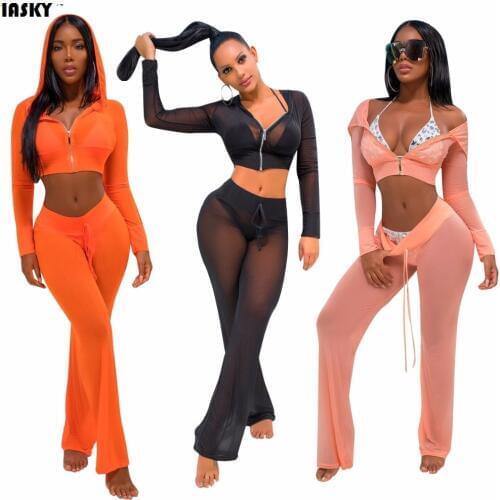 IASKY 2pcs/set see through Bikini Cover Up 2018 sexy women mesh Swimwear Bathing Suit Cover ups Saida De Praia Beachwear