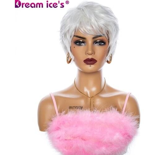 Dream ices Short Wave Wigs For Mother White Hair Bob Wigs With Bangs Synthetic Natural Heat Resistant Fiber Cosplay White Women