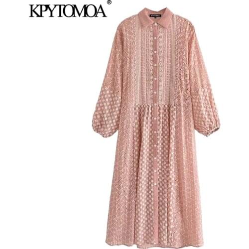 KPYTOMOA Women 2021 Fashion Hollow Out Embroidery Midi Shirt Dress Vintage Lantern Sleeve Button-up Female Dresses Vestidos
