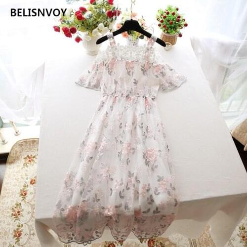 Summer Women Princess Slash Neck Dress Bohemian Sundress Fairy Lace Floral Embroidery Mesh Dresses Ladys Elegant party Vestidos