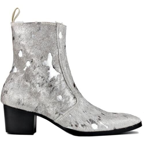 Men Chelsea Ankle Boots Genuine Horse Leather Horse Hair Boot with Side Zipper Heel Boots designer footwear Fashion Color Silver