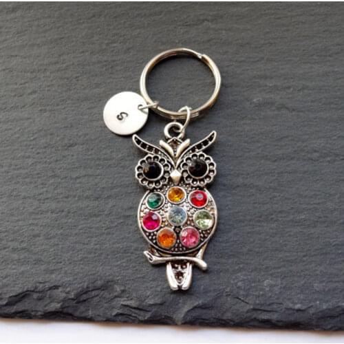 New Tibetan Silver Color Alloy Inlaid Color Owl Pendant Keychain Initial Keychain Car keychain Bag Keychain Men Gifts