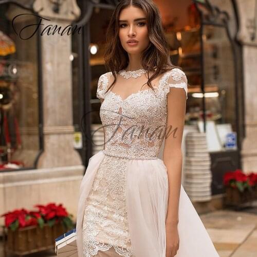 O-Neck Short Sleeve Lace Appliques Mermaid Wedding Dresses Detachable Train Court Train Bridal Gown Свадебное платье vestidos