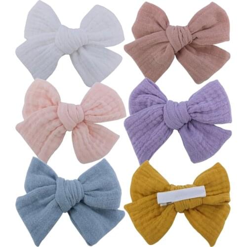 Original Cotton Gauze Hair Bow Fully Lined Clips Toddler Baby Girls Kids Muslin Fabric bows Nylon Headbands Stretchy Hairbands