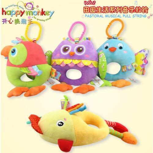 Happy Monkey Pure Music Pull String Rope Ring Bed Bell Birds Plush Doll Baby Rattle Crib Stroller Hanging Baby Musical Toy