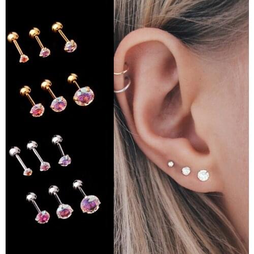 1Pc 2-5mm AB Colorful Zircon Cartilage Earrings Stainless Steel Simple Round Small Stud Earring Helix Boby Piercing Jewelry Gift