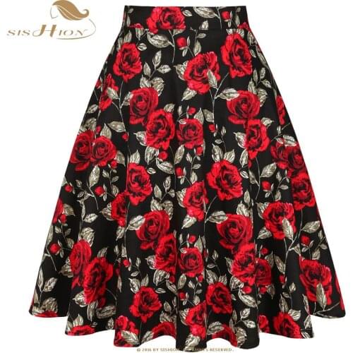 SISHION 2021 Summer Black Rose Printed Floral Skirt VD0020 High Waist Women Cotton 50s 60s Punk Flare Retro Vintage Skirt