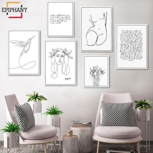Modern Minimalist Girl Bird Line Drawing Wall Art Canvas Painting Nordic Posters and Prints Wall Pictures for Living Room Decor