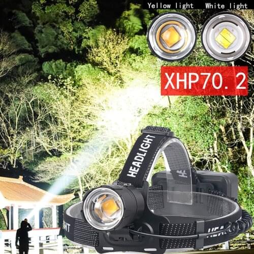 8000LM XHP70.2 Super bright Led Headlamp Yellow White Led Headlight USB rechargeable zoom Camping fishing Torch 3*18650 battery