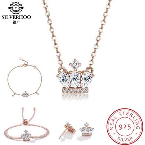 Crown Jewelry 925 Silver Jewelry Set Earring Bracelet Bangle Necklace Rose Gold Shinning Zircon Girl Engagement Wedding Jewelry