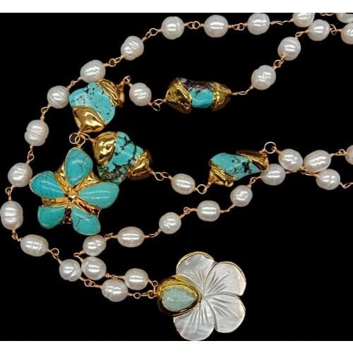 YYGEM natural Cultured White Rice Pearl Wrap Blue Turquoise Carved Shell Flower Pendant Necklace 19"