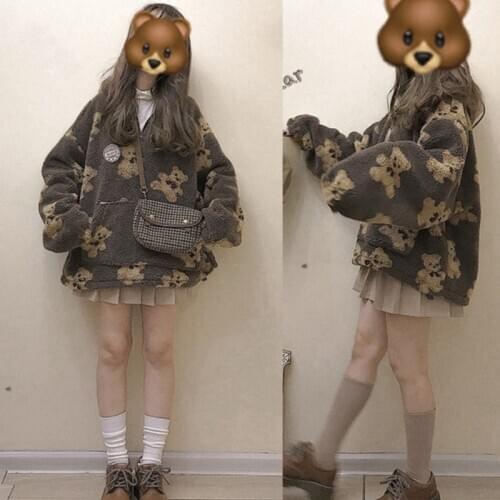 Women Faux Fur Zipper Hoodies Cartoon Bear Print Fuzzy Oversized Sweatshirt Tops 6XDA