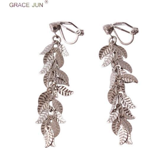 GRACE JUN Korea Style Charm Willow Multi-layer Leaf Clip on Earrings and Drop Pierced Earrings for Women Elegant Jewelry Bijoux
