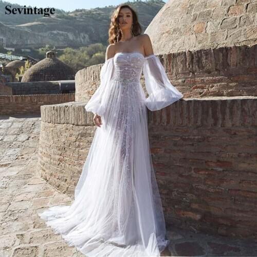 Sevintage Mermaid Off the Shoulder Lace Wedding Dress Long Puff Sleeves Bride Dresses Beaded Wedding Party Gowns Princess 2021