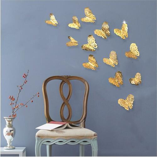 12PCS Gold Metallic Flower Wall Sticker 3D Butterfly Adhesive Stickers Home Decoration Bunting Wedding Decals Party High Quality