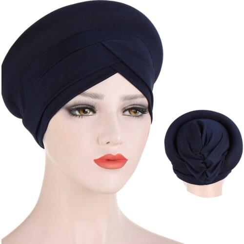 2020 soild color stretchy forehead cross women turban caps sponge muslim hijab bonnet African female headwrap hat hair scarf