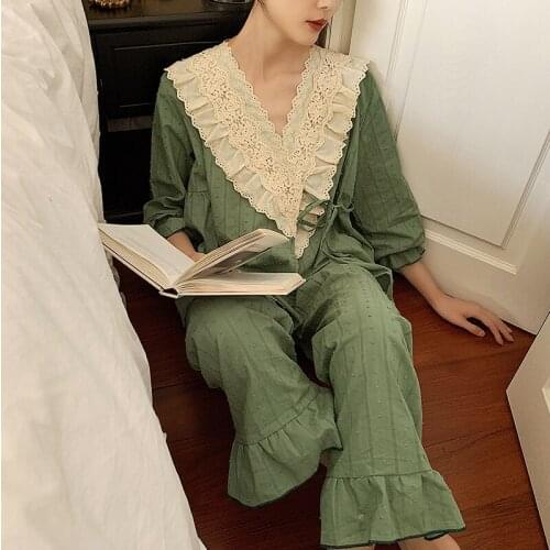 3 Colors Womens Flower Embroidery Lace Dots Pajama Sets.Vintage Lady Lace up Princess Pyjamas Set.Sleep Loungewear Nightclothes