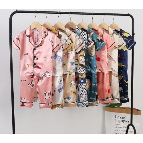 Satin New Summer Underwear Children Silk Pajamas Sets Boys Cartoon Lapel Short-sleeved Tops+Pants Baby Girls Home Clothing Suits