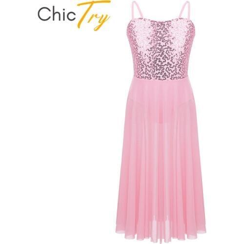 ChicTry Kids Teens Sequins Spaghetti Straps Long Tulle Contemporary Lyrical Dance Costumes Gymnastics Leotard Girls Ballet Dress