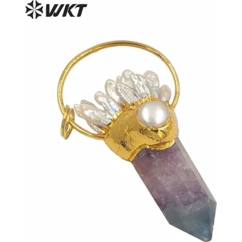 WT-P1583 WKT new design natural rainbow spirit quartz point pendant unique pearl energy point fluorite pendant